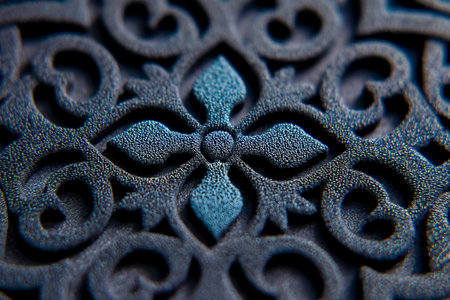 A close-up view reveals a complex laser cut design featuring ornamental patterns. The mechanical edges are clearly visible, highlighting precise craftsmanship.の素材