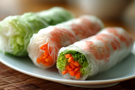 Raw spring roll wrappers are neatly arranged on a white plate, showing their translucent texture before being filled with fresh ingredients for a healthy meal.の素材
