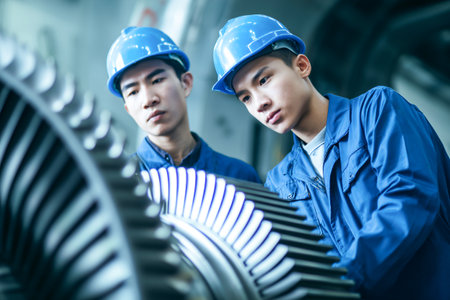 Two engineers in blue uniforms and hard hats carefully work on assembling aircraft engine components in a well-equipped workshop.の素材