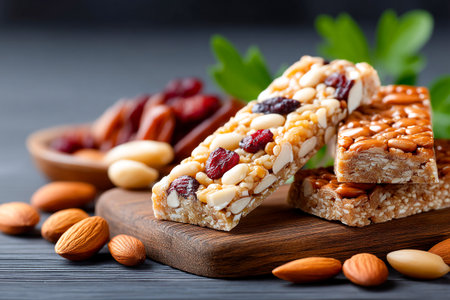 A selection of energy bars made with nuts and dried fruits sits on a wooden board. Almonds and cranberries complement the colorful bars, creating an appealing snack.の素材