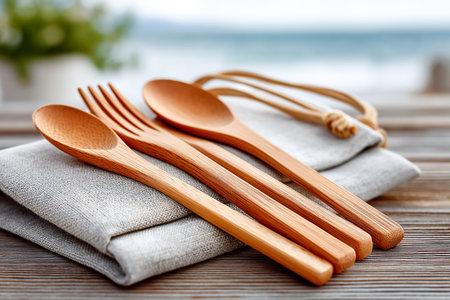 Wooden fork, spoon, and knife are placed on a linen napkin on a wooden table, with a soft ocean backdrop. A serene atmosphere conveys a sense of relaxation and simplicity.の素材