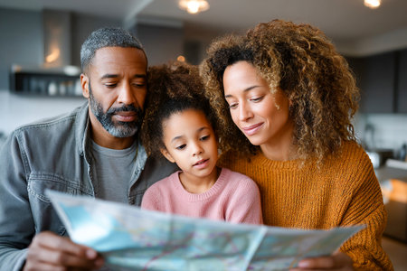 Family gathers in a cozy kitchen, studying a map together. They share excitement while planning their next adventure, creating a warm and loving atmosphere.の素材