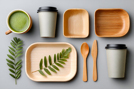 Various eco-friendly tableware items are arranged neatly, featuring a matcha drink, wooden utensils, and green leaves on a simple gray background.の素材