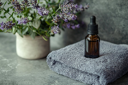 A serene spa scene featuring a dark glass bottle of essential oil on a soft gray towel, with a vase of purple flowers nearby, creating a calming atmosphere.の素材