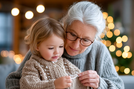 A grandmother teaches her young granddaughter how to craft a small project by hand. They are surrounded by warm holiday lights, creating a cozy atmosphere.の素材