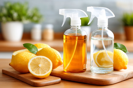 Two spray bottles filled with cleaning solutions sit next to fresh lemons on a wooden cutting board in a warm, inviting kitchen environment.の素材