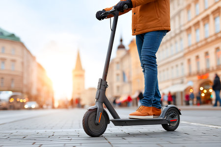 A person wearing a warm coat stands on an electric scooter on a cobblestone street. Buildings and sunset create a scenic backdrop in the city.の素材