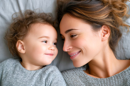 A mother and her young child smile at each other in a loving moment. They lie closely on a soft bed, highlighting their strong bond and affection.の素材