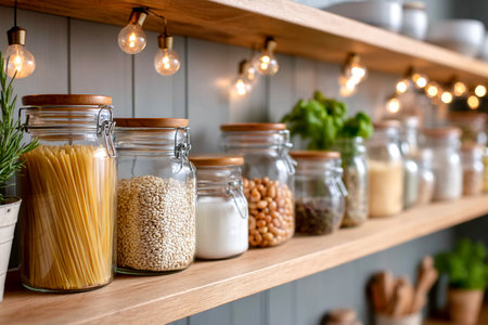 A well-arranged kitchen shelf displays jars filled with pasta, grains, and spices. Warm lights enhance the cozy cooking atmosphere, ideal for meal preparation.の素材
