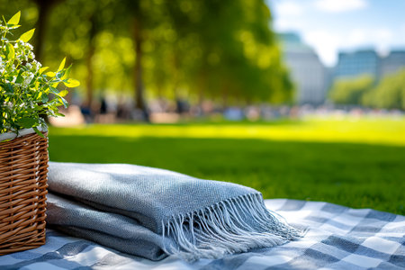 Soft blankets spread out on green grass, alongside a basket with a small plant. Sunlight filters through trees, creating a warm and inviting atmosphere.の素材