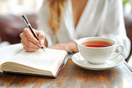 A person sits at a wooden table, writing in a notebook with a pen. A white cup of tea rests nearby, creating a warm and inviting atmosphere.の素材