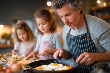 A father prepares eggs in a skillet while his two daughters help out in a warm and inviting kitchen. They share a joyful moment together.の素材