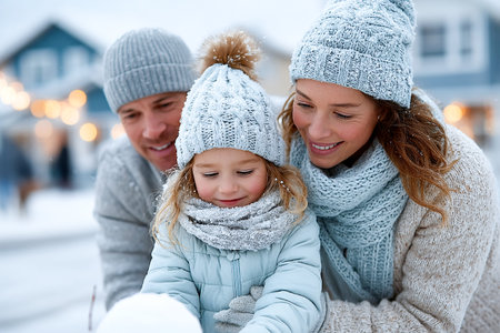 A family spends a joyful winter day outdoors. The smiling parents and their little daughter build a snowball, surrounded by snowy houses and festive lights.の素材