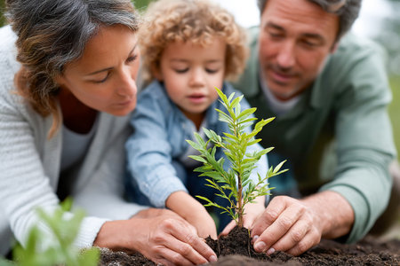 A family works together in their garden, planting a young tree. The child is learning the importance of nature and family bonding during this activity.の素材