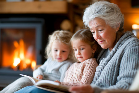 A grandmother shares a story with two little girls in a warm living room. The fireplace glows softly, creating a cozy atmosphere for reading.の素材