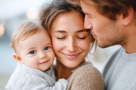 A smiling couple holds their baby close, enjoying a tender moment at the beach as the sun sets behind them, creating a warm and loving atmosphere.の素材