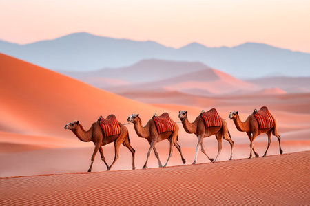 Five camels adorned with red saddles walk in a line across golden sand dunes during sunset. The sky reflects soft colors while mountains loom in the background.の素材