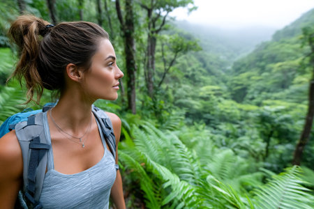 A woman stands among vibrant green ferns, gazing into the misty forest. It is a serene morning, showing the beauty of the tropical landscape.の素材
