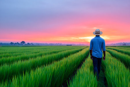 A person walks through lush green rice fields as the sun sets, creating a colorful sky. The scene captures peace and the beauty of nature during twilight.の素材