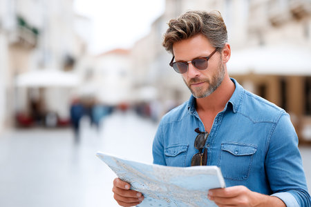 A man in sunglasses studies a map in a lively urban area. People stroll in the background, enjoying their day in the bright sunlight.の素材