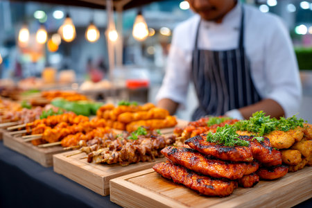 A vendor cooks various grilled meats at an outdoor market. Colorful skewers and platters highlight the tasty offerings, creating a lively atmosphere in the evening.の素材