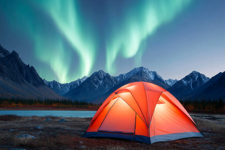Under a clear night sky, vibrant northern lights dance above a bright orange tent, set against a breathtaking mountain backdrop near a calm lake.の素材