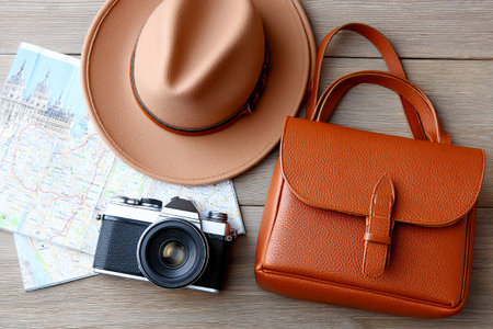 A camera, stylish hat, and a leather bag are arranged on a wooden surface with a map. These travel essentials suggest adventure and exploration ahead.の素材