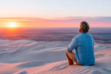 A person sits on a sand dune, gazing at a stunning sunset over the expansive desert. The colors fill the sky with pink and orange hues, creating a peaceful scene.の素材