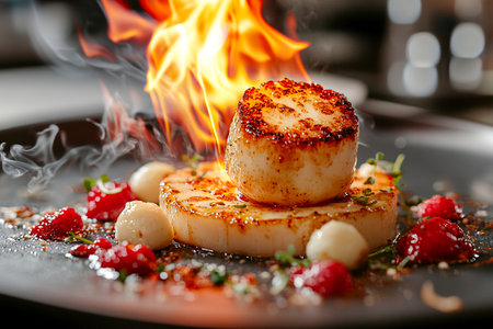 A beautifully plated seafood dish features a scallop caramelized to perfection, garnished with berries and herbs. Flames rise for an impressive presentation.の素材