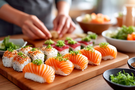 A person assembles colorful sushi rolls on a wooden board in a well-lit kitchen. Fresh vegetables and garnishes are nearby, showcasing a vibrant cooking scene.の素材