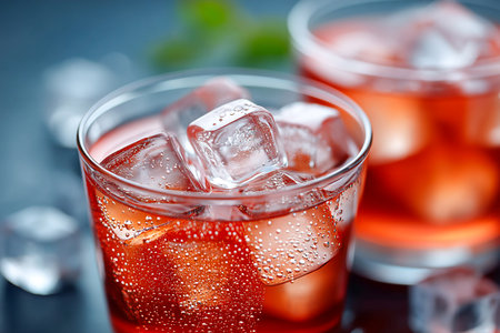 Glasses filled with a vibrant drink showcase sparkling bubbles and ice cubes. The setting hints at a warm, sunny day perfect for relaxation with friends.の素材