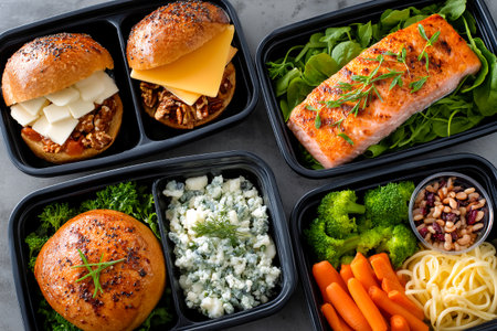 A variety of balanced meals arranged in black containers include salmon, sandwiches with cheese, and assorted vegetables. Fresh ingredients are neatly presented.の素材