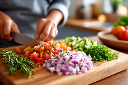 A person is skillfully chopping tomatoes, onions, and cucumbers on a wooden cutting board surrounded by fresh herbs, preparing for a delicious meal.の素材