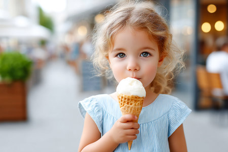 A young girl with curly hair holds an ice cream cone while standing in a lively outdoor area. She looks happy, enjoying her treat among people.の素材