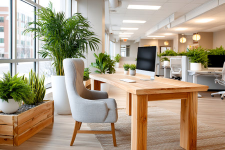 Bright office space features a wooden desk and stylish chair surrounded by plants. Natural light streams in through large windows, creating a fresh atmosphere.の素材