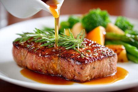 A perfectly cooked steak is being drizzled with rich sauce while fresh herbs adorn the top. Accompanying vegetables add color and contrast to the dish.の素材