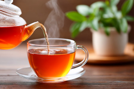 Steaming tea flows from a clear teapot into a glass cup, creating ripples. A small green plant adds freshness on the wooden surface nearby.の素材