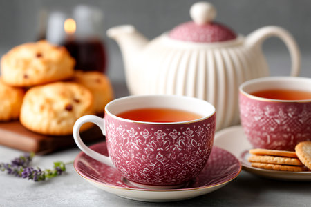 Two cups of tea sit on a table alongside cookies and scones. A teapot waits nearby, creating a warm atmosphere for a delightful afternoon snack.の素材