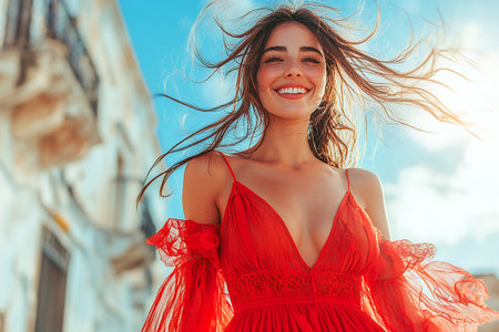 A cheerful young woman stands outdoors, wearing a flowing red dress. Her hair dances in the breeze, while she enjoys the sunny weather on a vibrant day.の素材