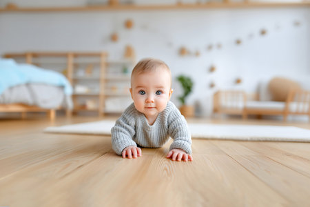 A baby with blue eyes crawls on a wooden floor in a warm living room filled with soft furniture and natural light streaming through the window.の素材