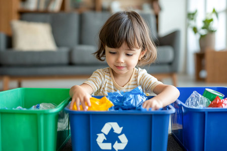A young child sorts different types of waste into blue and green recycling bins in a cozy living room. The child focuses on learning about recycling.の素材