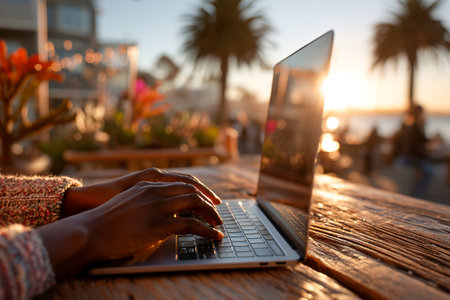 A person types on a laptop while seated at a wooden table outdoors. The sun sets in the background, creating a warm, inviting atmosphere near the water.の素材