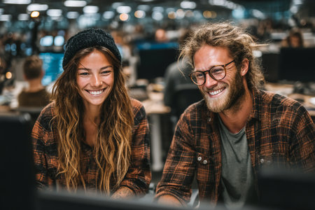 Two coworkers share a moment of laughter while working at their desks in a modern office filled with computers and focused colleagues.の素材