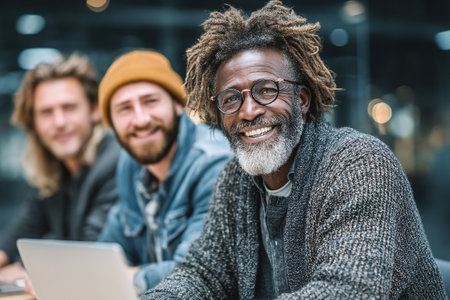 A group of three friends enjoys time together at a modern cafe. They are smiling, engaged in conversation, and surrounded by a relaxed atmosphere.の素材