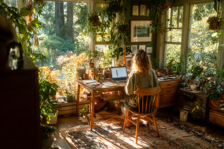 A person sits at a wooden desk in a bright, green home office, focused on their laptop surrounded by lush plants and warm sunlight pouring through the windows.の素材