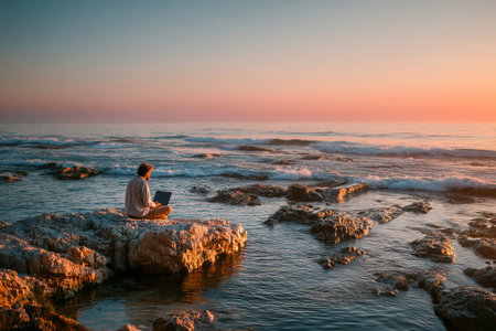 A person sits on rocky shore while using a laptop, enjoying the peaceful ocean waves during sunset. The colorful sky creates a tranquil atmosphere for remote work.の素材