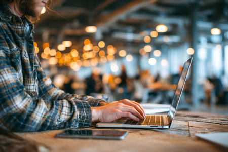 An individual is typing on a laptop at a rustic wooden table in a vibrant coworking space filled with warm lights and people working around.の素材