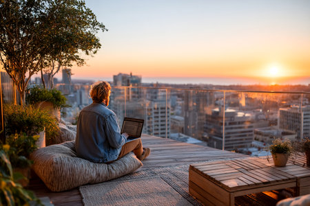 Person sits peacefully on a balcony, working on a laptop as the sun sets over a city skyline, creating a vibrant and serene atmosphere.の素材