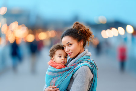 A mother lovingly holds her child against her chest while vibrant lights flicker in the background, suggesting a festive atmosphere during evening hours.の素材