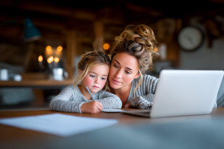 A mother and her daughter sit closely together, focused on a laptop in a warm cabin. Soft candlelight creates a cozy atmosphere as they work on assignments.の素材